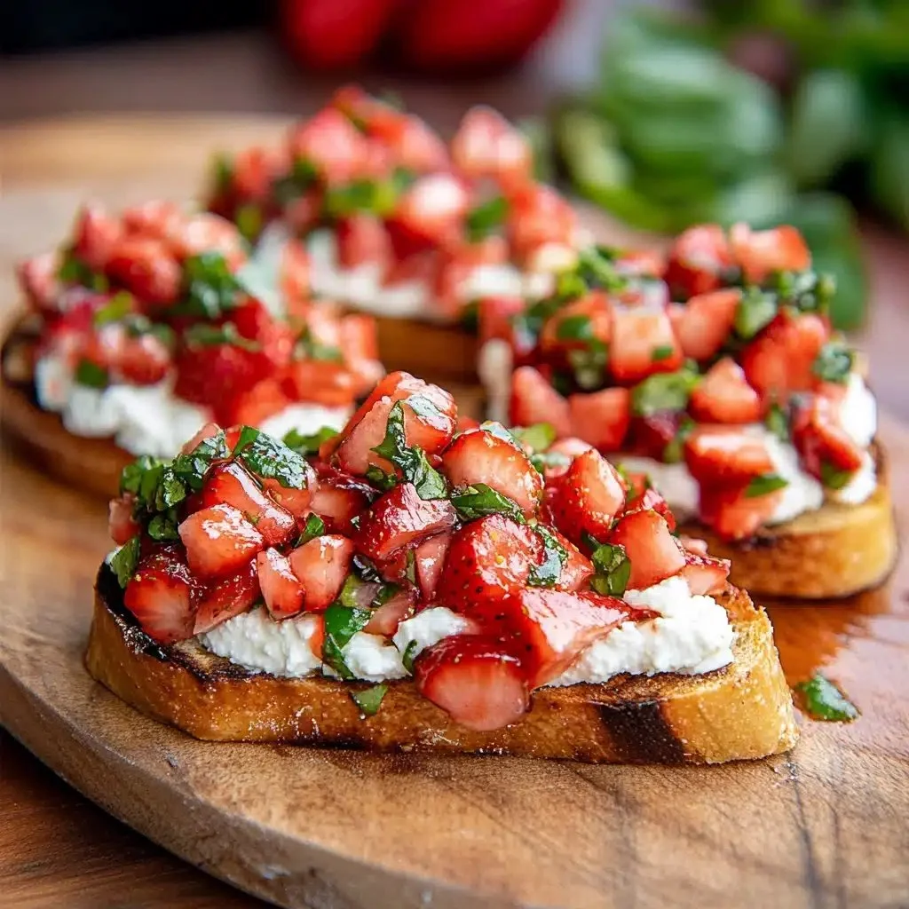 Delicious Strawberry Ricotta Bruschetta topped with fresh strawberries and herbs