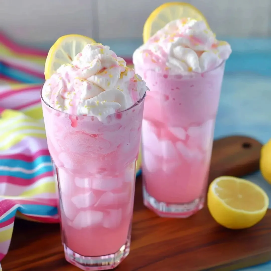 Glass of creamy whipped pink lemonade topped with lemon slices and mint