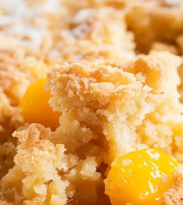 Delicious 3 ingredient peach cobbler topped with a golden crust.