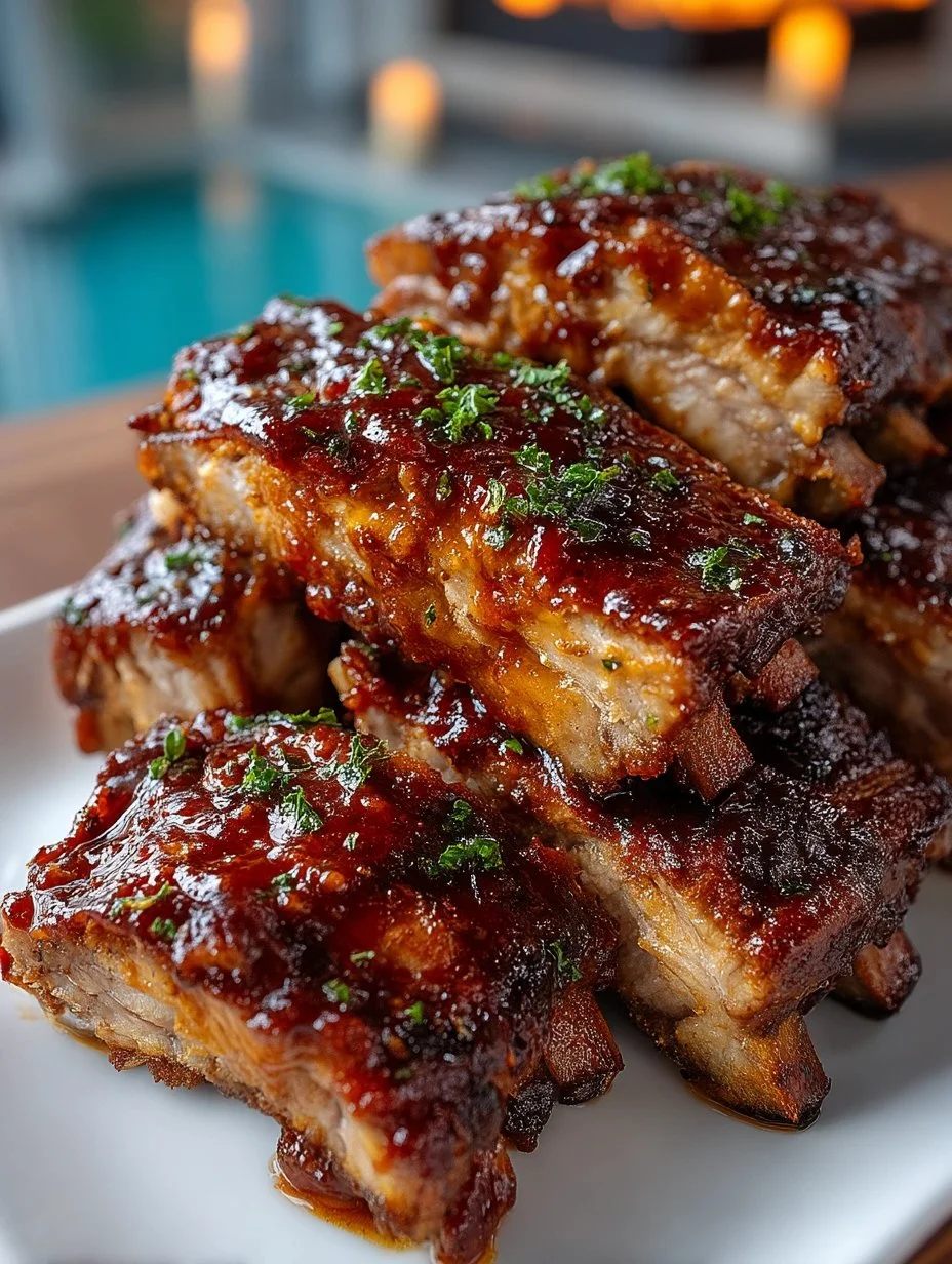 Delicious Baked Southern Roadhouse Ribs served with barbecue sauce.