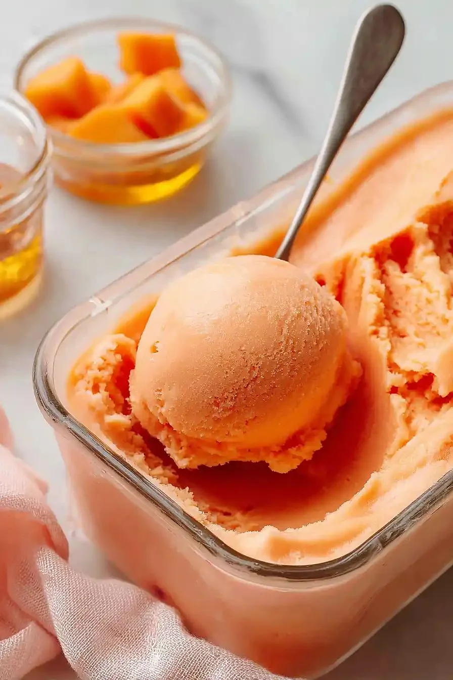 Delicious peach sorbet served in a bowl garnished with fresh peaches
