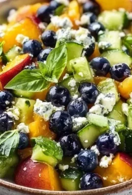Delicious Blueberry Peach Feta Salad with Lemon Basil Vinaigrette on a plate