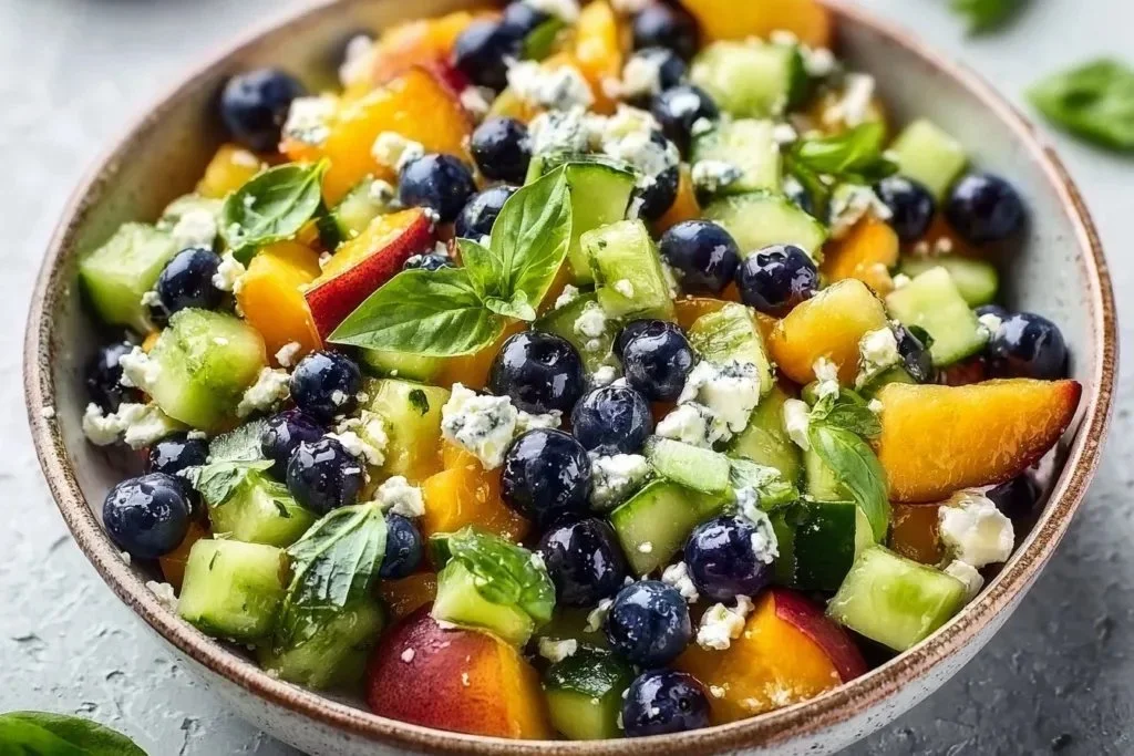 Blueberry Peach Feta Salad with Lemon Basil Vinaigrette