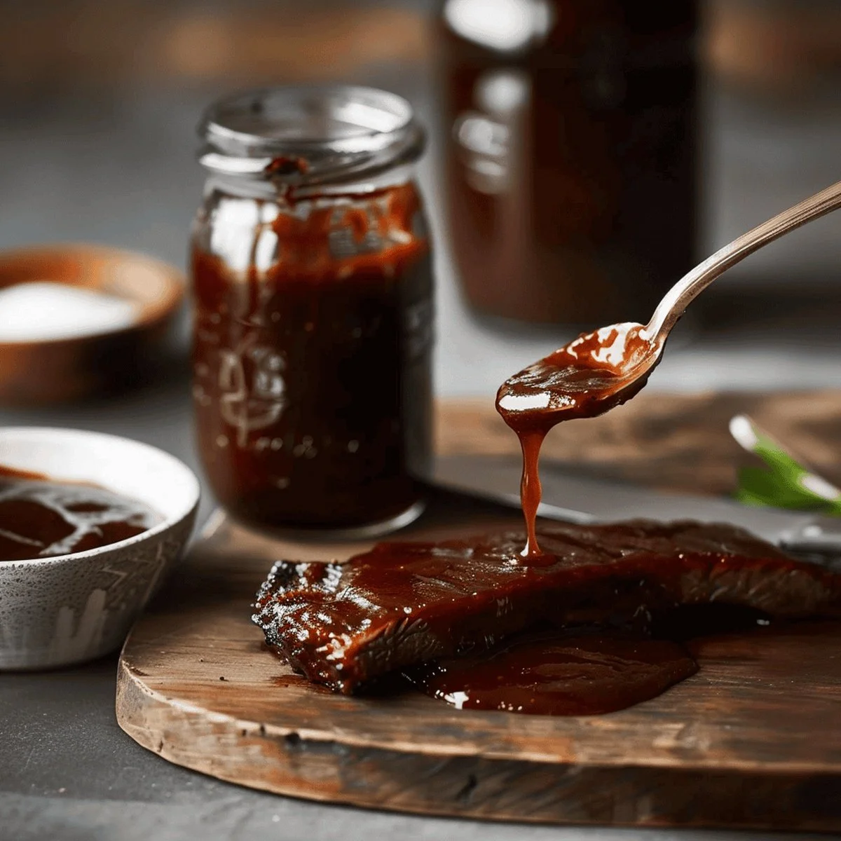 Homemade Bourbon BBQ Sauce in a jar with spices and ingredients around