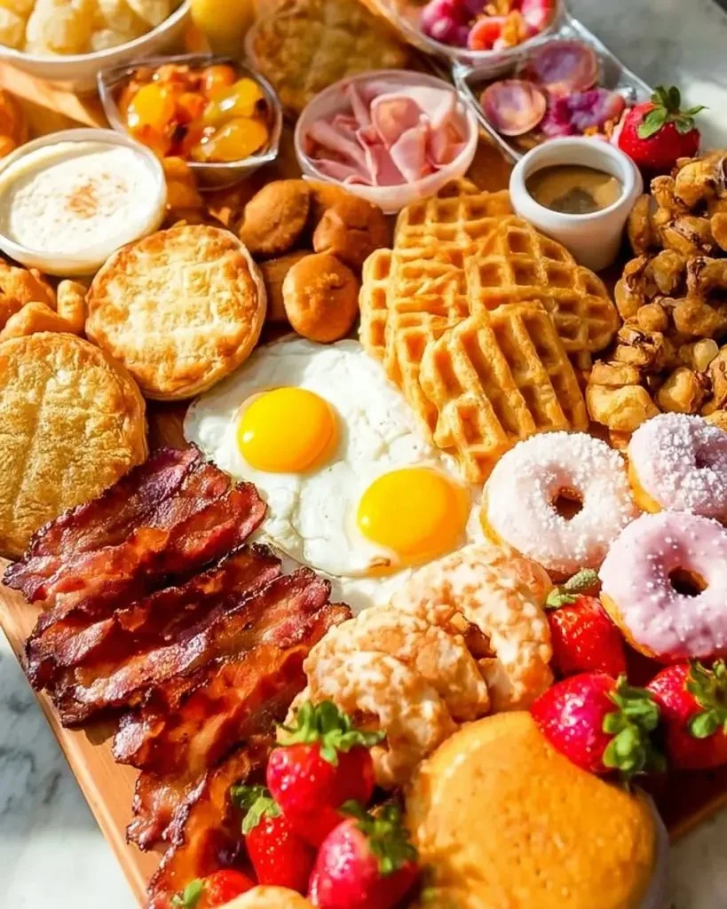 A beautifully arranged brunch platter with fruits, cheeses, and pastries.