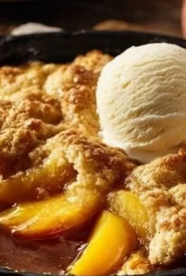 Homemade cast iron peach cobbler with golden crust and fresh peaches