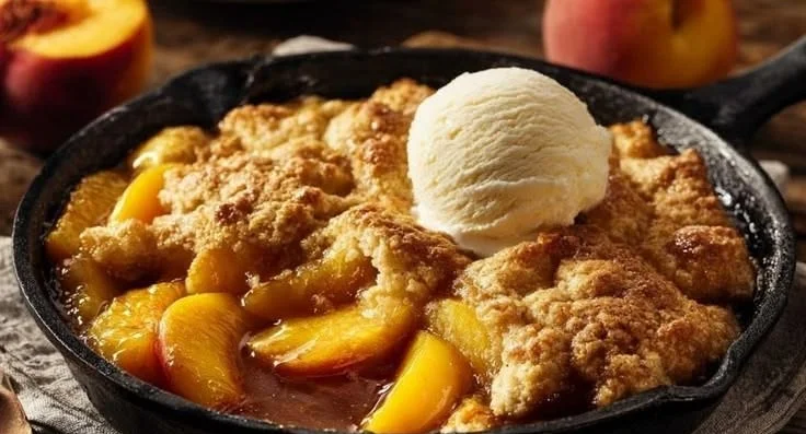 Homemade cast iron peach cobbler with golden crust and fresh peaches