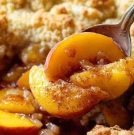 Delicious cast iron peach cobbler topped with vanilla ice cream