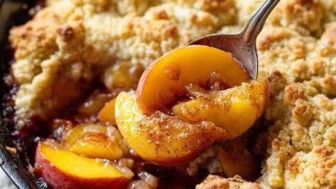 Delicious cast iron peach cobbler topped with vanilla ice cream