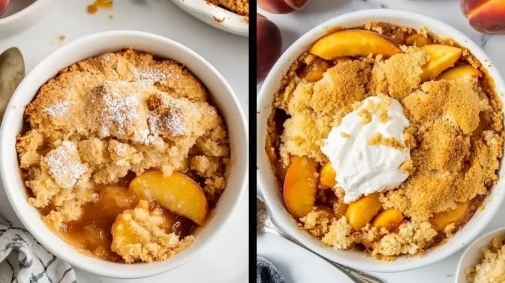 Delicious classic peach cobbler served in a baking dish with a golden crust