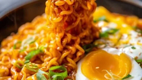 Bowl of creamy Buldak Cheese Ramen topped with green onions and cheese