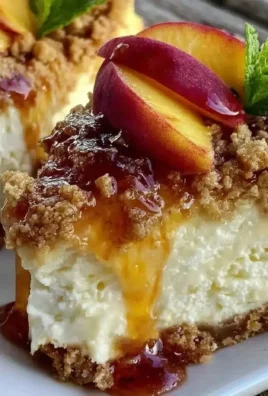 Creamy peach cobbler cheesecake topped with fresh peaches and crumbly crust.