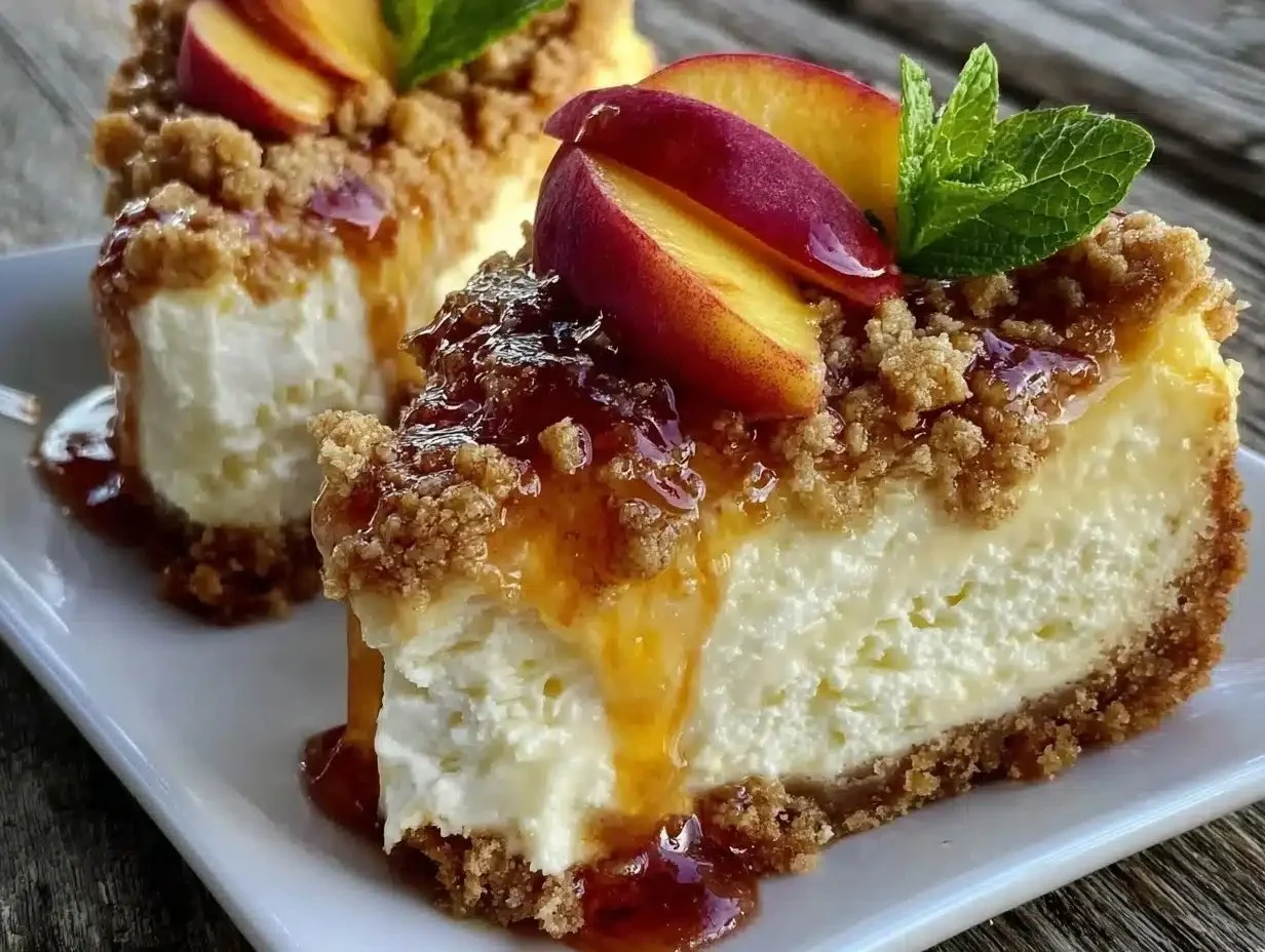 Creamy peach cobbler cheesecake topped with fresh peaches and crumbly crust.
