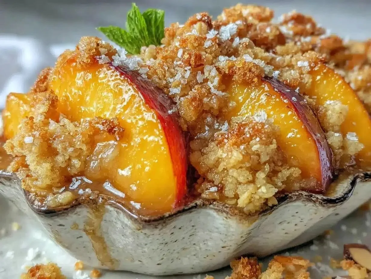 Delicious peach crisp topped with oat almond streusel
