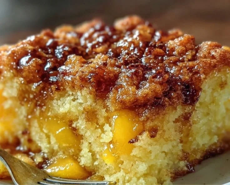 Delicious easy peach cobbler freshly baked and served in a dish