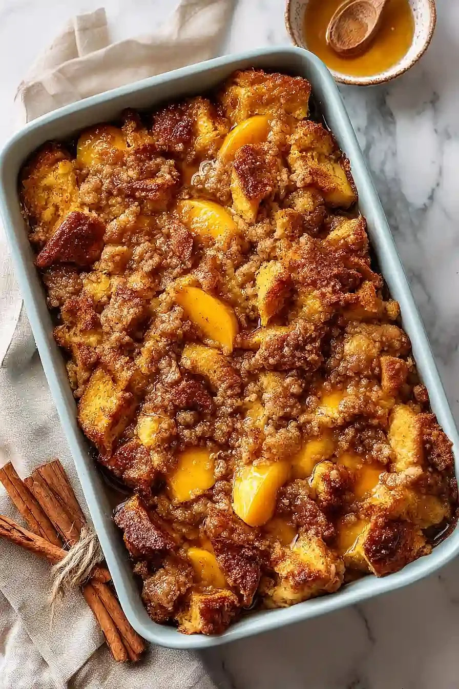 Easy Peach Cobbler French Toast Bake ready to serve with fresh peaches and syrup.