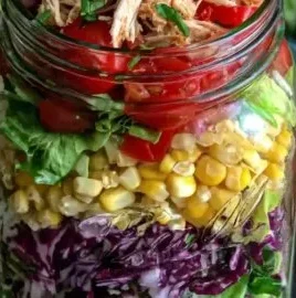 Easy summer rotisserie chicken salad in a mason jar for a healthy meal