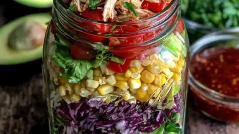 Easy summer rotisserie chicken salad in a mason jar for a healthy meal