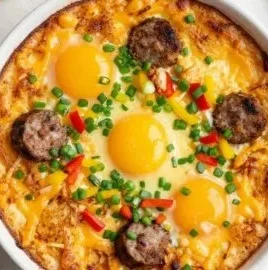 Father's Day breakfast casserole with eggs, sausage, and cheese served in a dish
