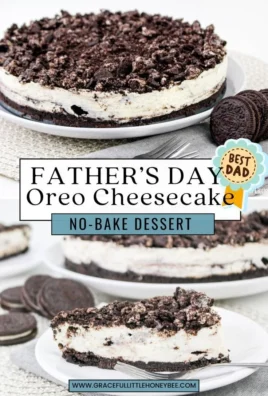 No-bake Father's Day Oreo Cheesecake garnished with cookies and cream.