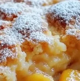 Freshly baked Southern peach cobbler with golden crust and juicy peach filling