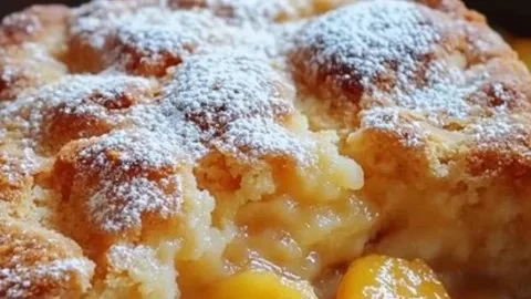 Freshly baked Southern peach cobbler with golden crust and juicy peach filling