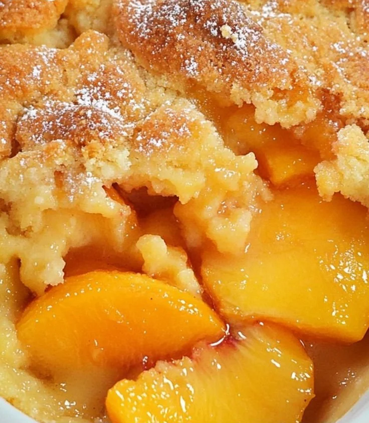 Delicious Georgia peach cobbler served warm with ice cream