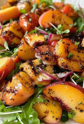 Delicious grilled peach salad garnished with greens and nuts for a summer appetizer.
