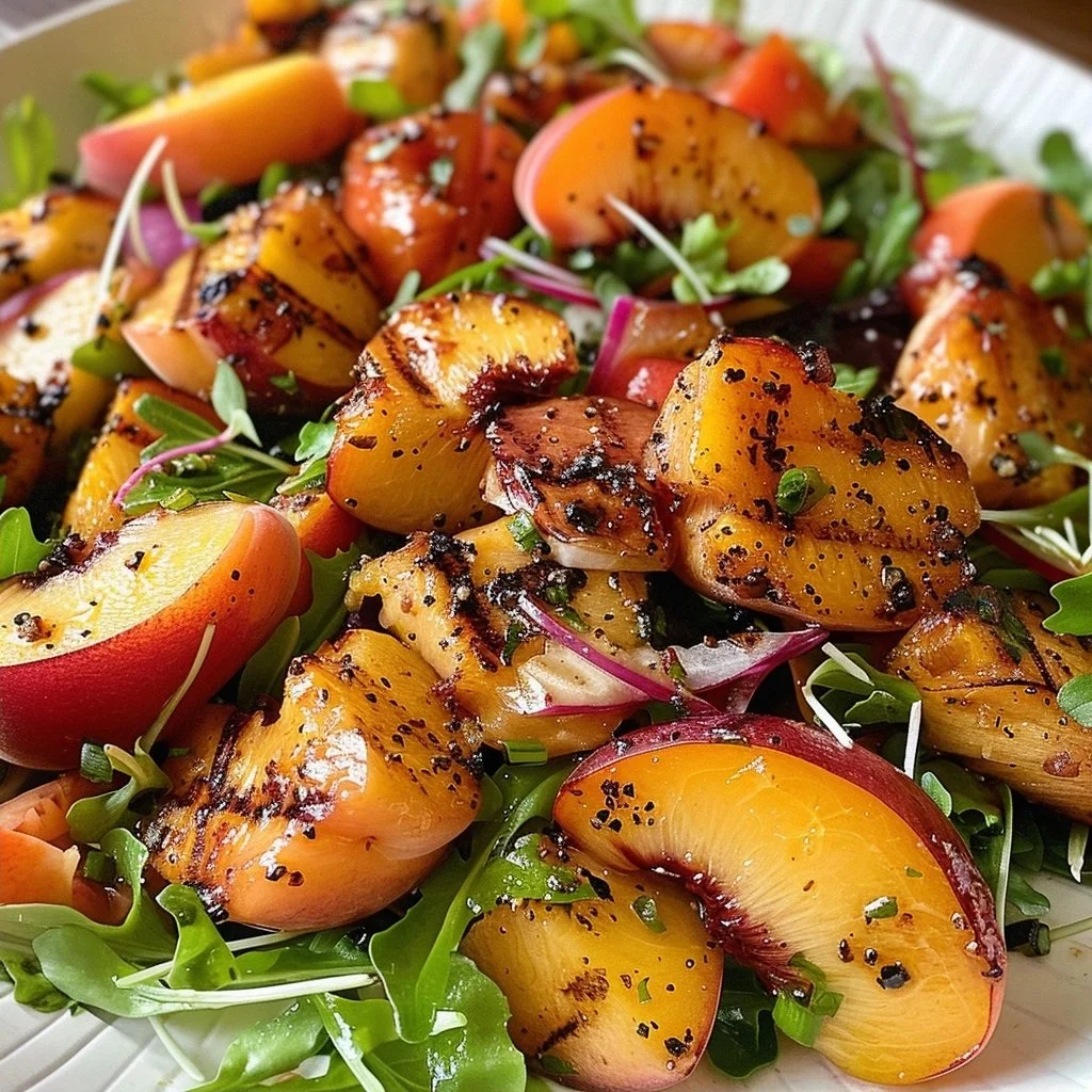 Delicious grilled peach salad garnished with greens and nuts for a summer appetizer.