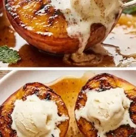 Grilled peaches topped with cinnamon and brown sugar on a plate