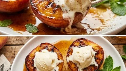 Grilled peaches topped with cinnamon and brown sugar on a plate