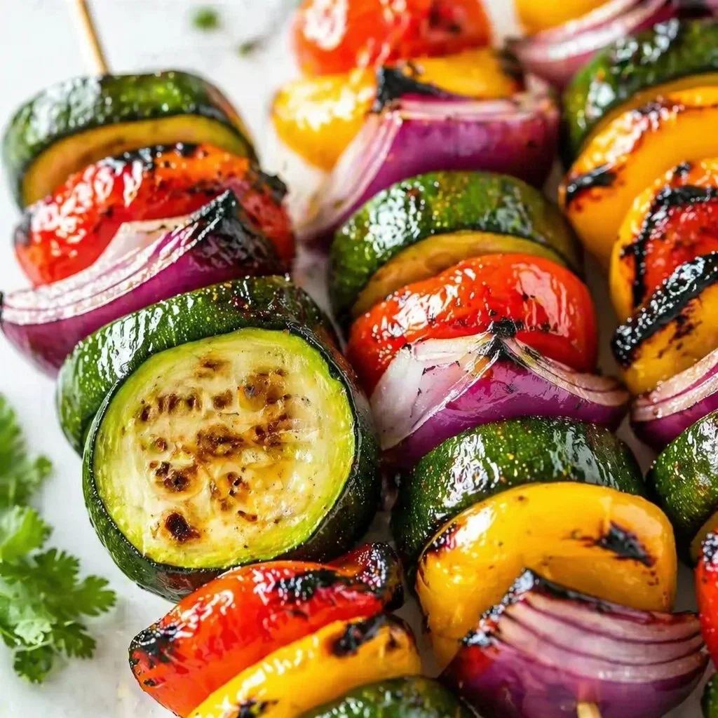 Healthy grilled veggie skewers with colorful vegetables on a BBQ grill