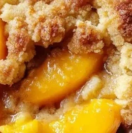 Delicious homemade peach cobbler topped with golden crust and fresh peaches