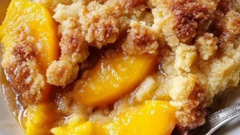 Delicious homemade peach cobbler topped with golden crust and fresh peaches