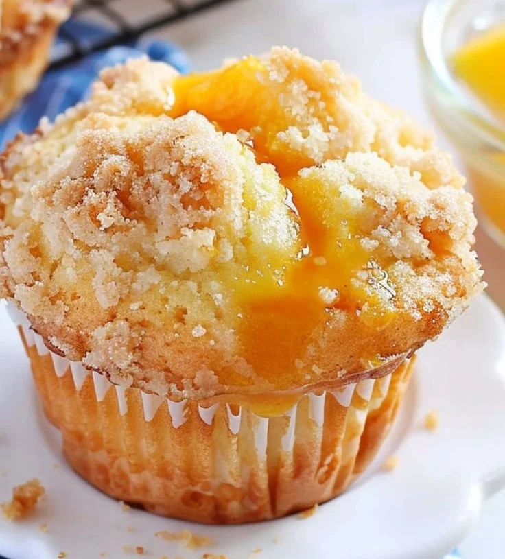 Delicious homemade peach cobbler muffins with fresh peaches and crumbly topping.