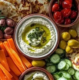 Mediterranean brunch boards with dips and flatbreads served on a rustic table.