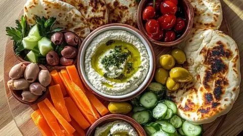 Mediterranean brunch boards with dips and flatbreads served on a rustic table.