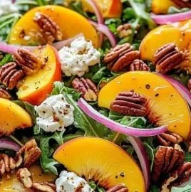 Delicious Millionaire Peach Salad with fresh peaches and greens