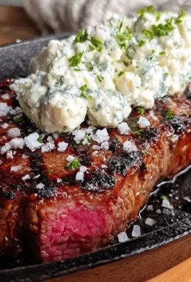 Delicious NY Strip Steak topped with creamy Blue Cheese Butter on a plate