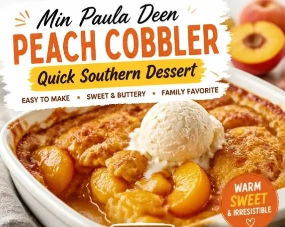 Delicious Paula Deen peach cobbler warm with ice cream on top