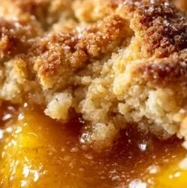 Delicious Paula Deen peach cobbler topped with fresh peaches and crispy crust.