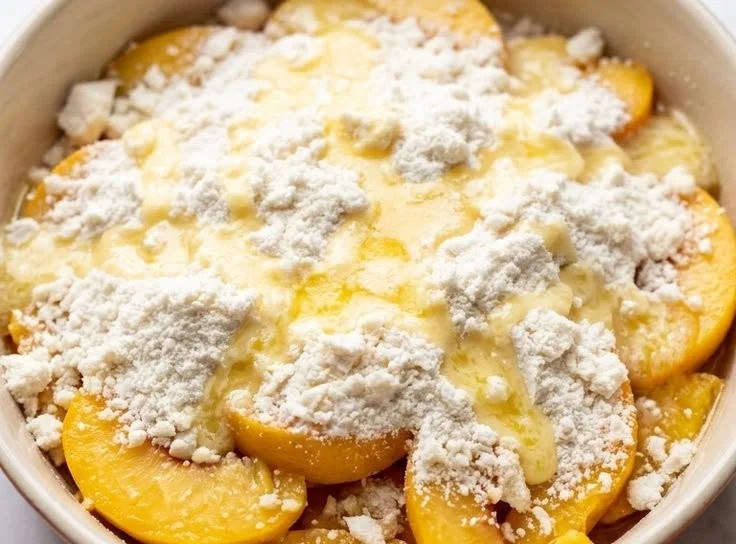 Delicious homemade peach cobbler served in a baking dish