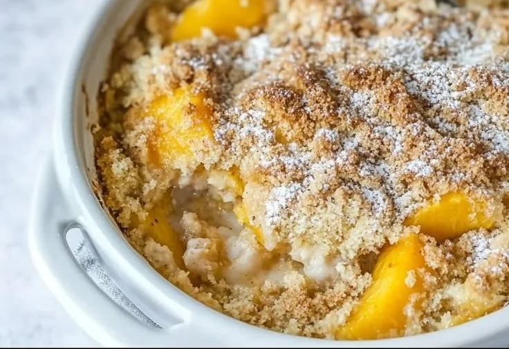 Delicious homemade peach cobbler topped with crispy crust and juicy peach filling.