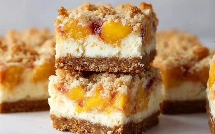 Delicious Peach Cobbler Cheesecake Bars topped with fresh peaches