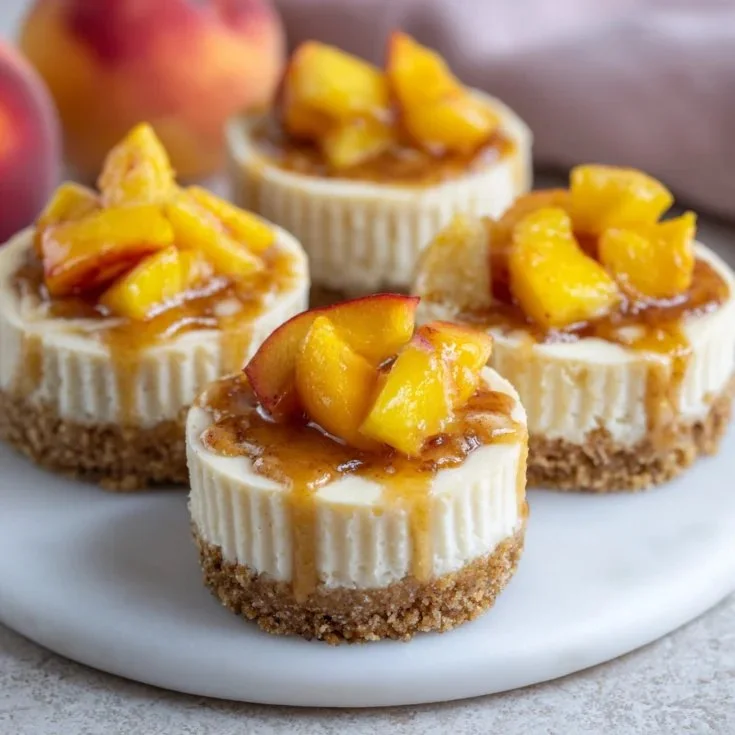 Peach Cobbler Mini Cheesecakes served on a decorative platter