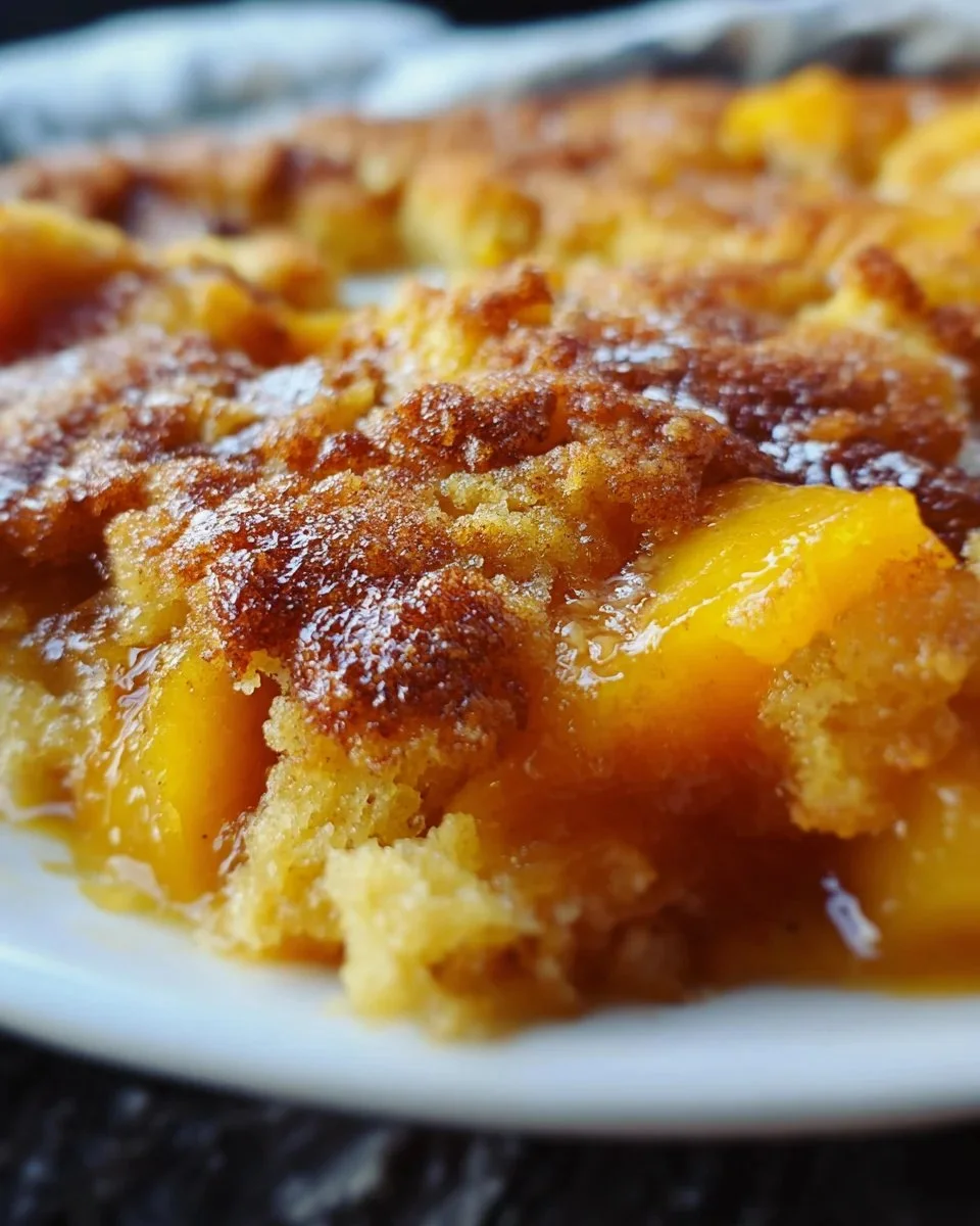 Delicious peach cobbler made with cake mix, served in a baking dish.