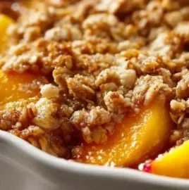 Delicious peach cobbler with oatmeal topping served in a baking dish