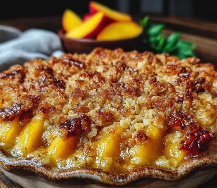 Homemade Peach Crisp dessert with fresh peaches and crunchy topping