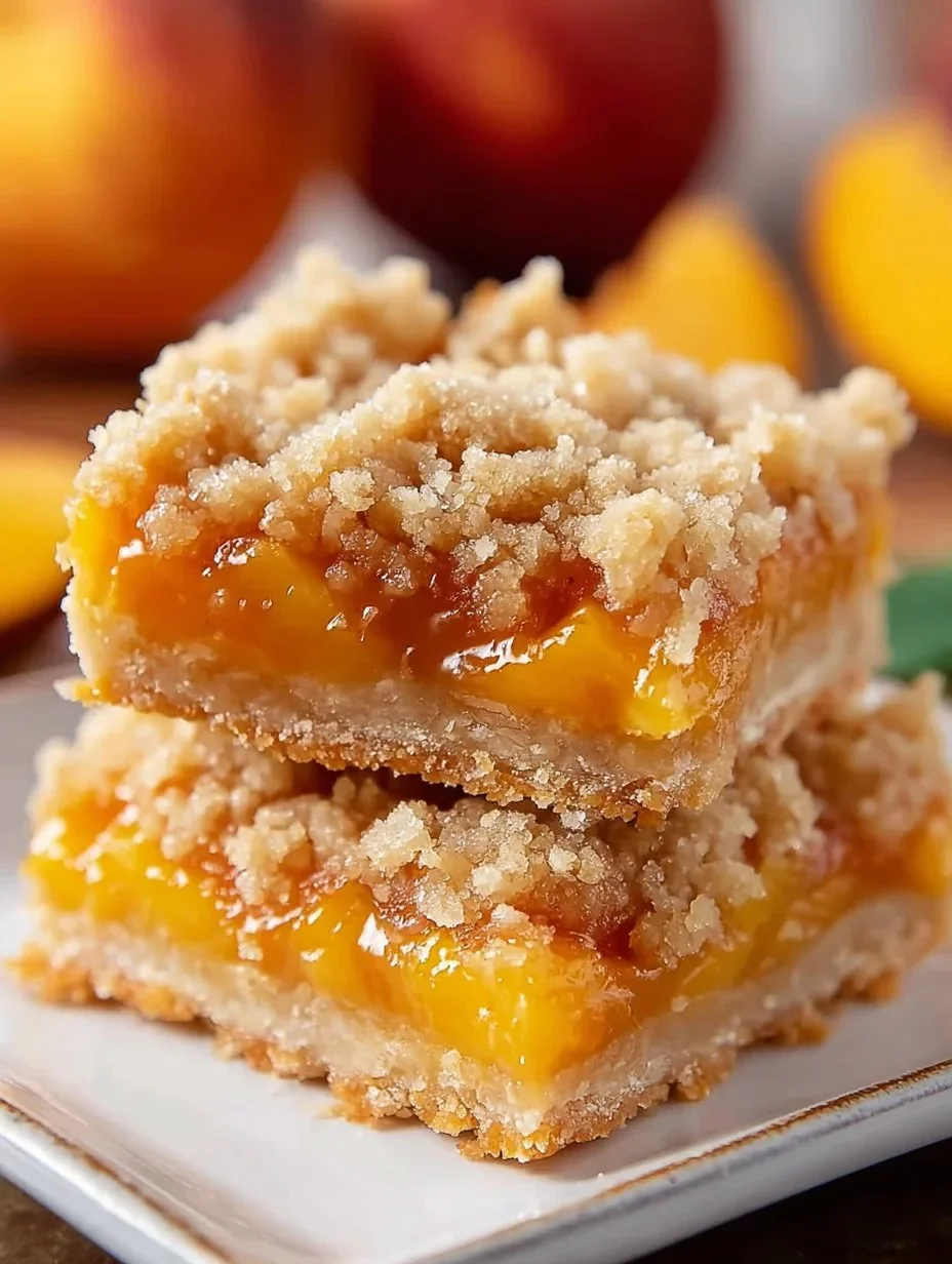 Freshly baked peach crumb bars with a golden crumb topping