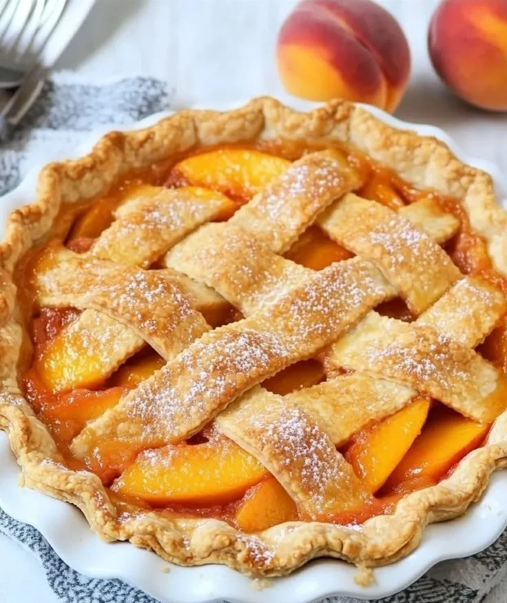Homemade peach pie with juicy peach filling and flaky crust